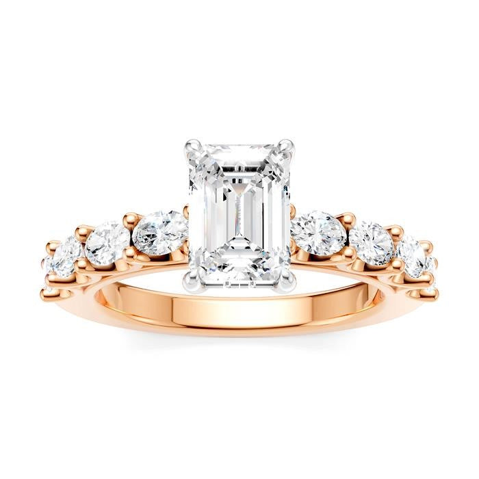 7/8 Ctw Emerald Shape Oval and Round Cut Diamond Semi-Mount Engagement Ring in 14K Rose and White Gold