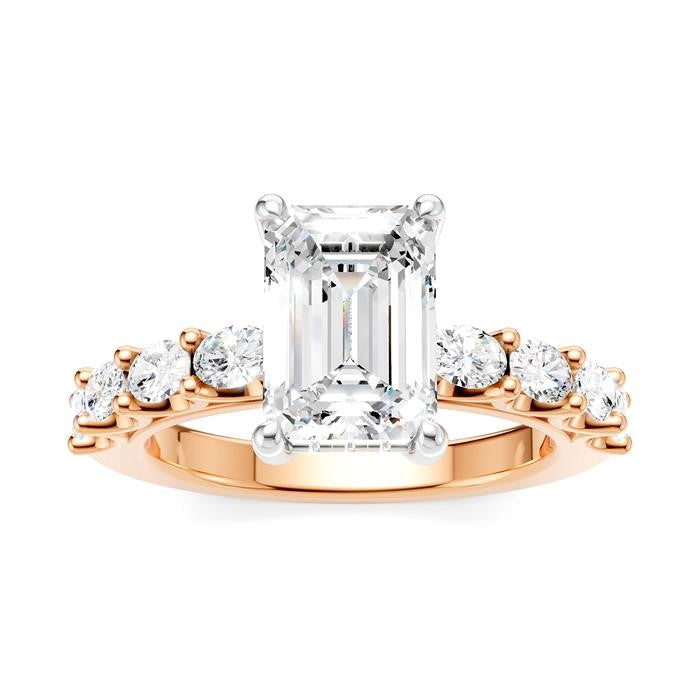 7/8 Ctw Emerald Shape Oval and Round Cut Diamond Semi-Mount Engagement Ring in 14K Rose and White Gold