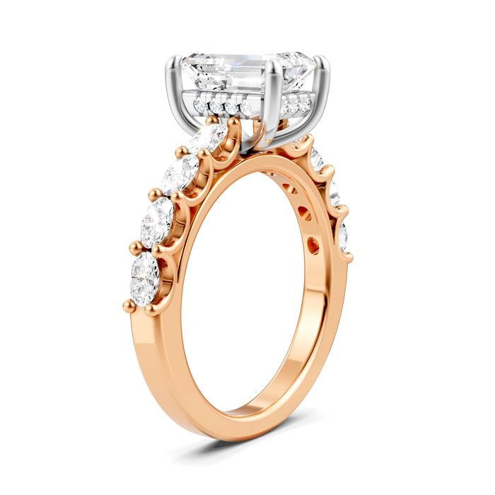 7/8 Ctw Emerald Shape Oval and Round Cut Diamond Semi-Mount Engagement Ring in 14K Rose and White Gold