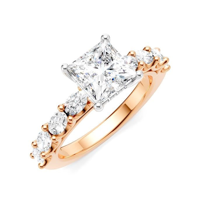 7/8 Ctw Princess Shape Oval and Round Cut Diamond Semi-Mount Engagement Ring in 14K Rose and White Gold