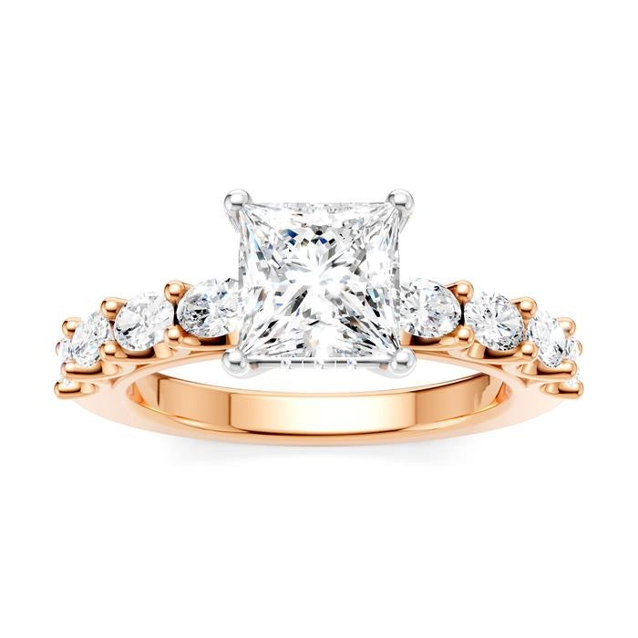 7/8 Ctw Princess Shape Oval and Round Cut Diamond Semi-Mount Engagement Ring in 14K Rose and White Gold