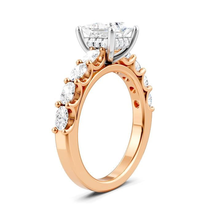 7/8 Ctw Princess Shape Oval and Round Cut Diamond Semi-Mount Engagement Ring in 14K Rose and White Gold