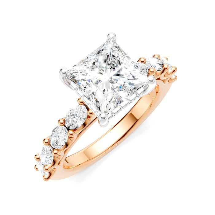 7/8 Ctw Princess Shape Oval and Round Cut Diamond Semi-Mount Engagement Ring in 14K Rose and White Gold