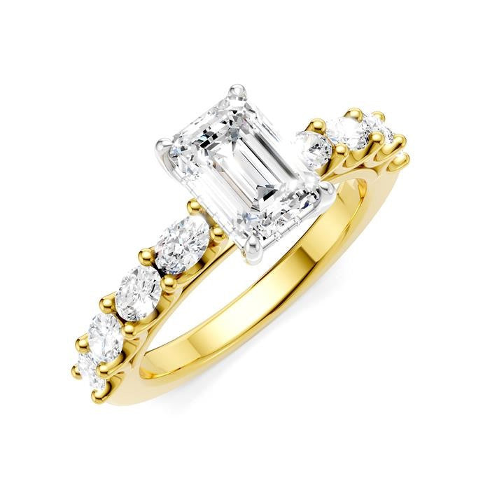7/8 Ctw Emerald Shape Oval and Round Cut Diamond Semi-Mount Engagement Ring in 14K Yellow and White Gold