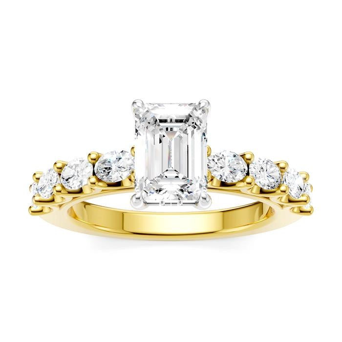 7/8 Ctw Emerald Shape Oval and Round Cut Diamond Semi-Mount Engagement Ring in 14K Yellow and White Gold