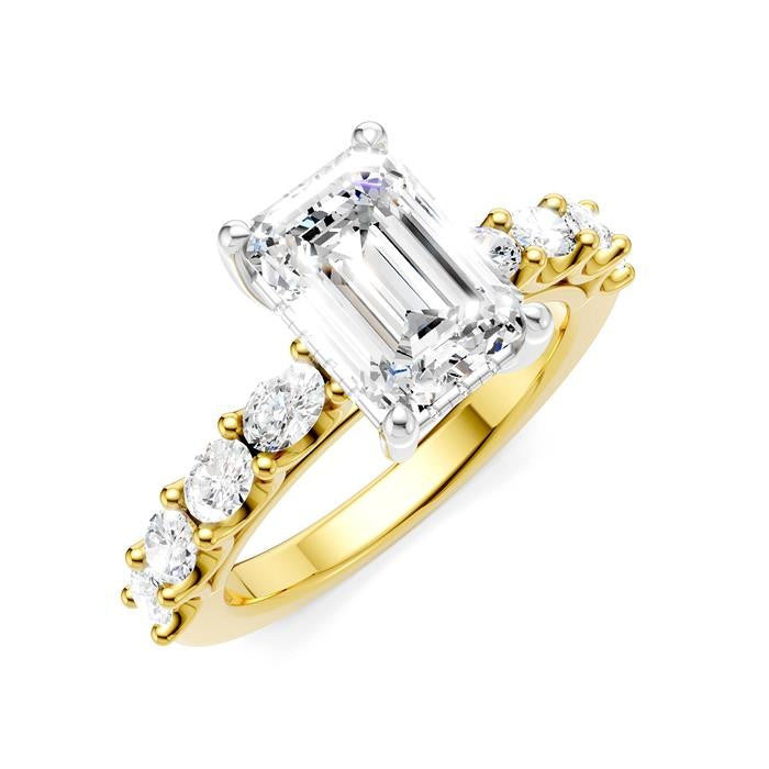 7/8 Ctw Emerald Shape Oval and Round Cut Diamond Semi-Mount Engagement Ring in 14K Yellow and White Gold