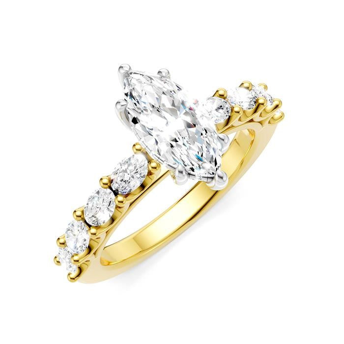 7/8 Ctw Marquise Shape Oval and Round Cut Diamond Semi-Mount Engagement Ring in 14K Yellow and White Gold