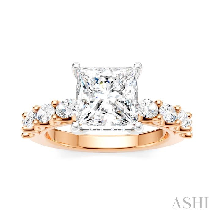 7/8 Ctw Princess Shape Oval and Round Cut Diamond Semi-Mount Engagement Ring in 14K Rose and White Gold