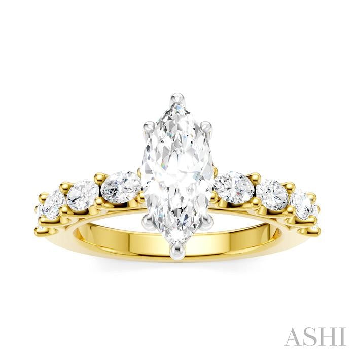7/8 Ctw Marquise Shape Oval and Round Cut Diamond Semi-Mount Engagement Ring in 14K Yellow and White Gold