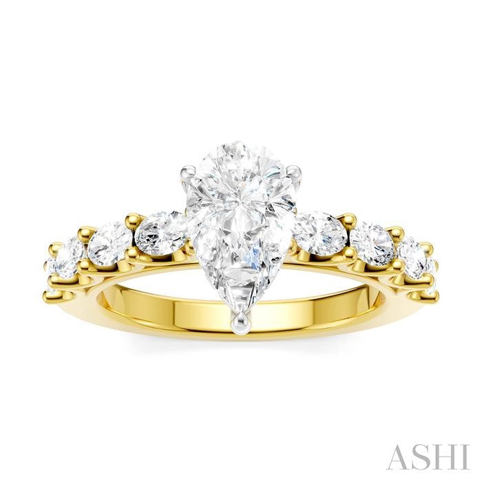 7/8 Ctw Pear Shape Oval and Round Cut Diamond Semi-Mount Engagement Ring in 14K Yellow and White Gold