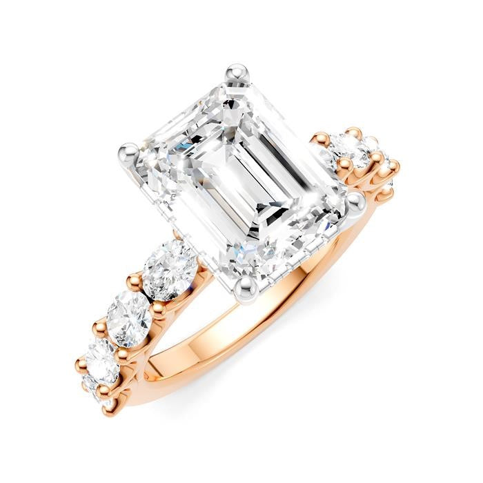 1 1/3 Ctw Emerald Shape Oval and Round Cut Diamond Semi-Mount Engagement Ring in 14K Rose and White Gold