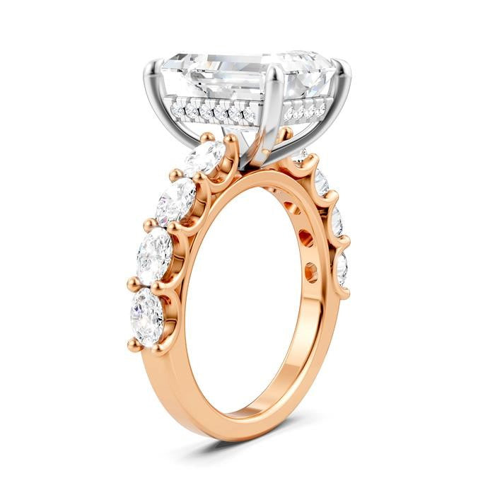 1 1/3 Ctw Emerald Shape Oval and Round Cut Diamond Semi-Mount Engagement Ring in 14K Rose and White Gold