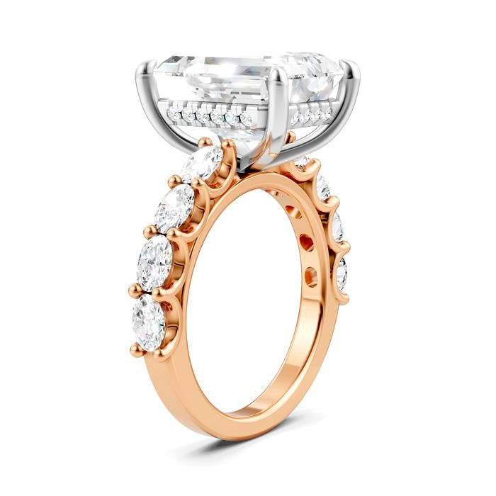 1 1/3 Ctw Emerald Shape Oval and Round Cut Diamond Semi-Mount Engagement Ring in 14K Rose and White Gold
