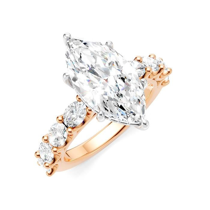 1 1/3 Ctw Marquise Shape Oval and Round Cut Diamond Semi-Mount Engagement Ring in 14K Rose and White Gold