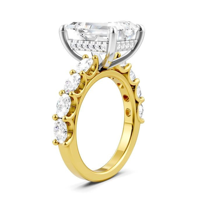 1 1/3 Ctw Emerald Shape Oval and Round Cut Diamond Semi-Mount Engagement Ring in 14K Yellow and White Gold