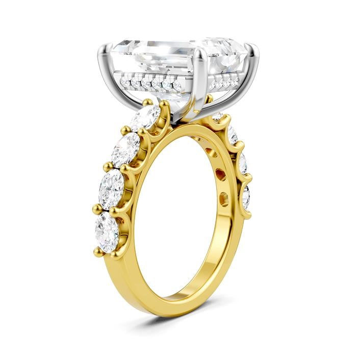 1 1/3 Ctw Emerald Shape Oval and Round Cut Diamond Semi-Mount Engagement Ring in 14K Yellow and White Gold