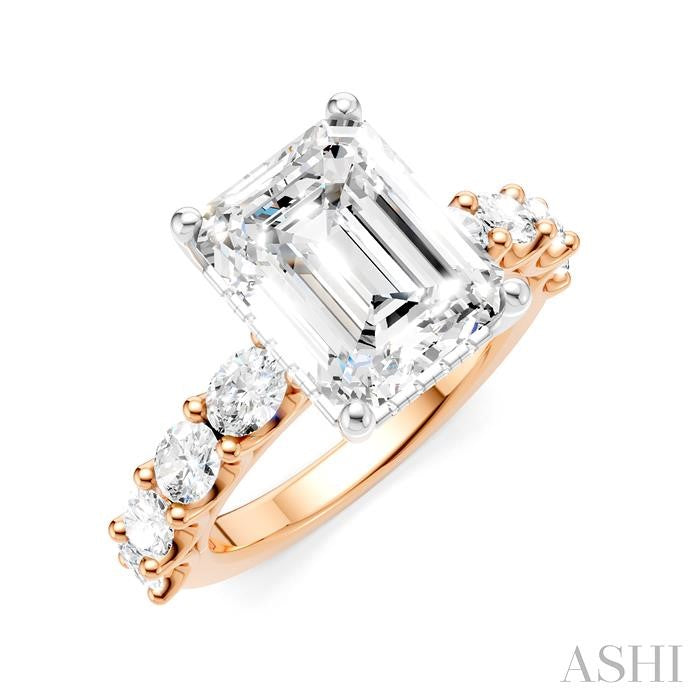 1 1/3 Ctw Emerald Shape Oval and Round Cut Diamond Semi-Mount Engagement Ring in 14K Rose and White Gold