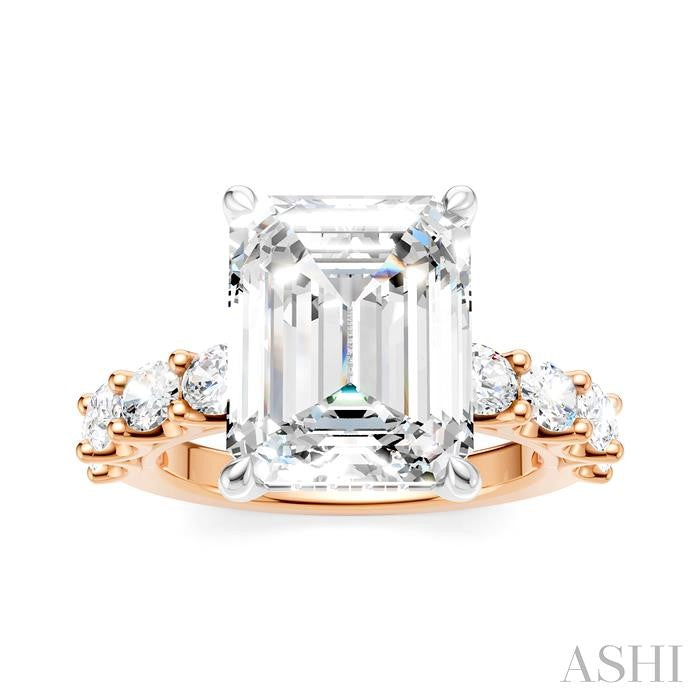 1 1/3 Ctw Emerald Shape Oval and Round Cut Diamond Semi-Mount Engagement Ring in 14K Rose and White Gold