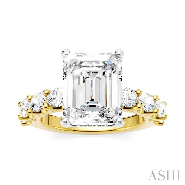 1 1/3 Ctw Emerald Shape Oval and Round Cut Diamond Semi-Mount Engagement Ring in 14K Yellow and White Gold