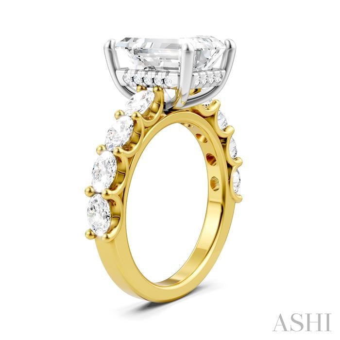 1 1/3 Ctw Emerald Shape Oval and Round Cut Diamond Semi-Mount Engagement Ring in 14K Yellow and White Gold