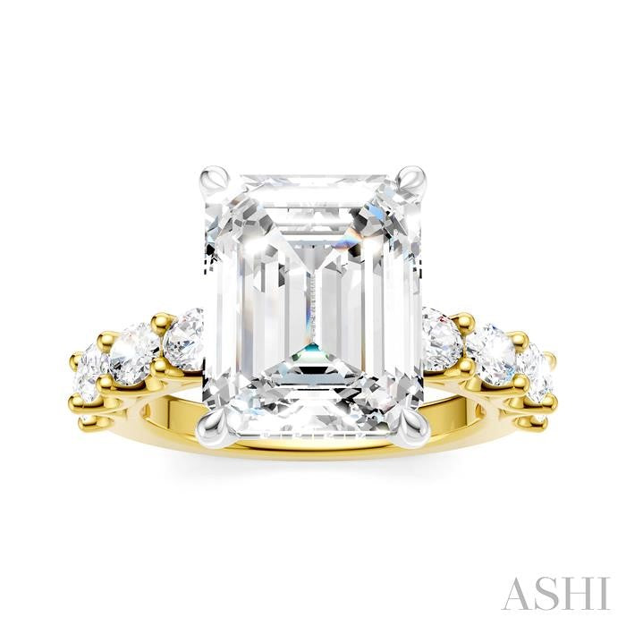 1 1/3 Ctw Emerald Shape Oval and Round Cut Diamond Semi-Mount Engagement Ring in 14K Yellow and White Gold