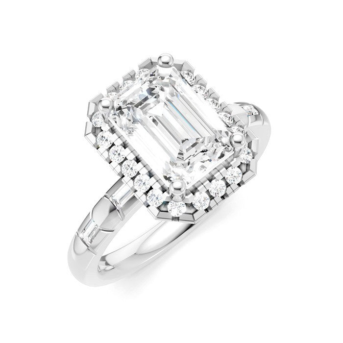 1/3 Ctw Akari Emerald Shape Baguette and Round Cut Diamond Halo Semi Mount Engagement Ring in 14K White Gold