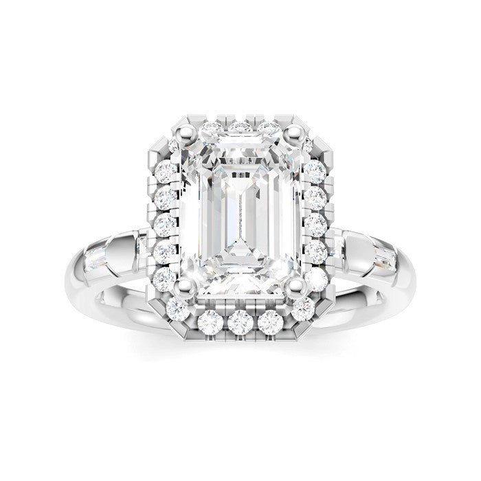1/3 Ctw Akari Emerald Shape Baguette and Round Cut Diamond Halo Semi Mount Engagement Ring in 14K White Gold