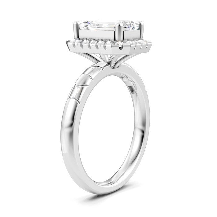 1/3 Ctw Akari Emerald Shape Baguette and Round Cut Diamond Halo Semi Mount Engagement Ring in 14K White Gold