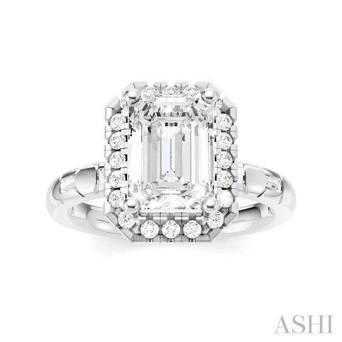 1/3 Ctw Akari Emerald Shape Baguette and Round Cut Diamond Halo Semi Mount Engagement Ring in 14K White Gold