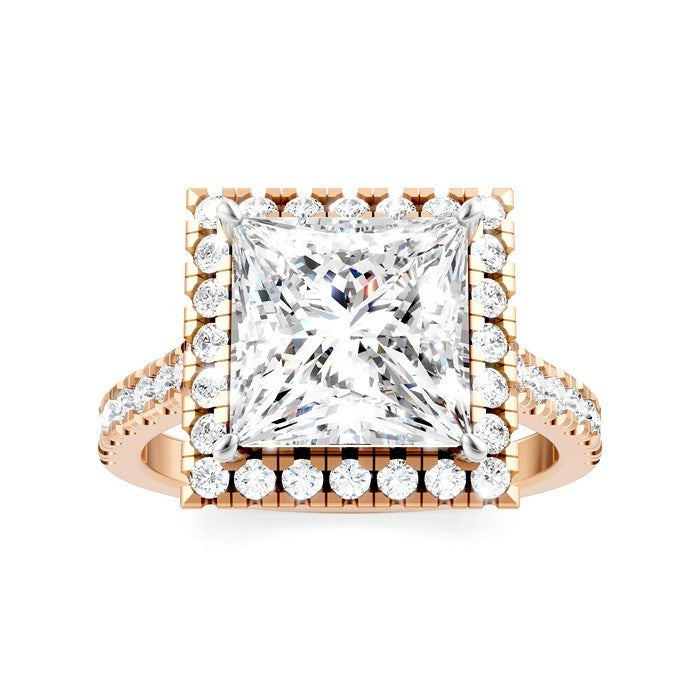 3/4 Ctw Princess Shape Round Cut Diamond Halo Semi-Mount Engagement Ring in 14K Rose Gold