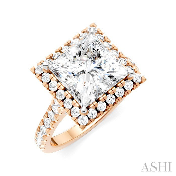 3/4 Ctw Princess Shape Round Cut Diamond Halo Semi-Mount Engagement Ring in 14K Rose Gold