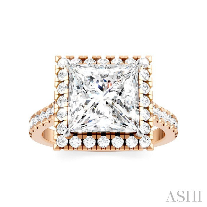 3/4 Ctw Princess Shape Round Cut Diamond Halo Semi-Mount Engagement Ring in 14K Rose Gold