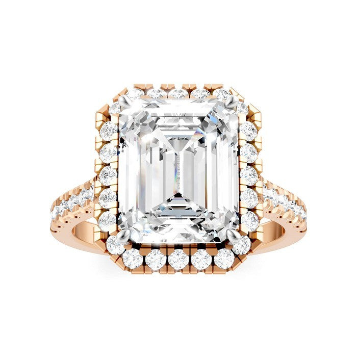 3/4 Ctw Emerald Shape Round Cut Diamond Halo Semi-Mount Engagement Ring in 14K Rose Gold