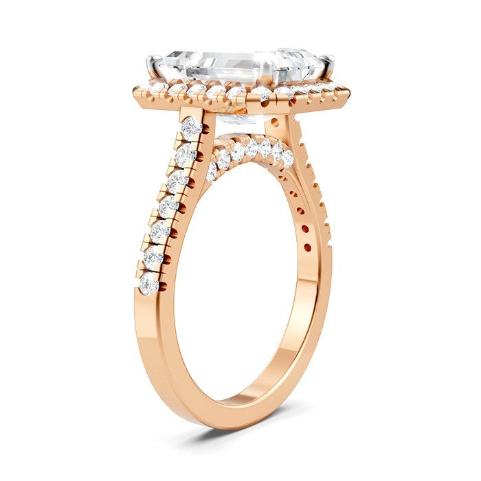 3/4 Ctw Emerald Shape Round Cut Diamond Halo Semi-Mount Engagement Ring in 14K Rose Gold