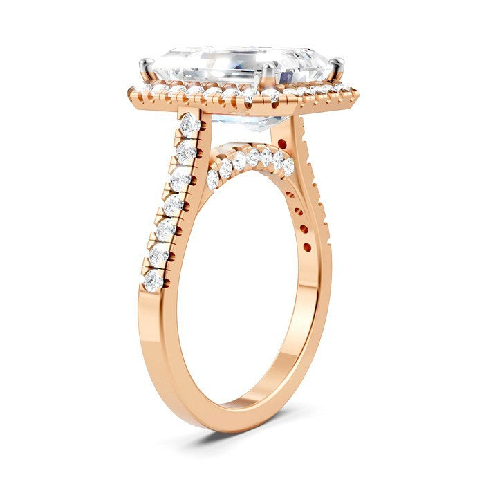 3/4 Ctw Emerald Shape Round Cut Diamond Halo Semi-Mount Engagement Ring in 14K Rose Gold