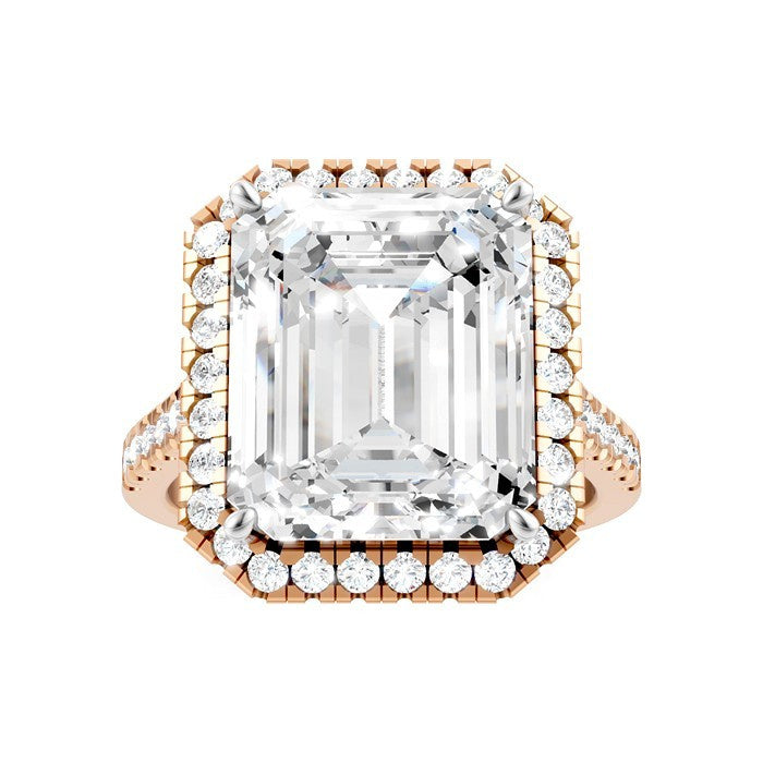 3/4 Ctw Emerald Shape Round Cut Diamond Halo Semi-Mount Engagement Ring in 14K Rose Gold