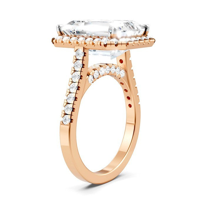 3/4 Ctw Emerald Shape Round Cut Diamond Halo Semi-Mount Engagement Ring in 14K Rose Gold