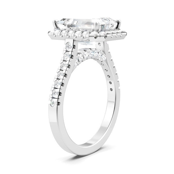 3/4 Ctw Emerald Shape Round Cut Diamond Halo Semi-Mount Engagement Ring in 14K White Gold