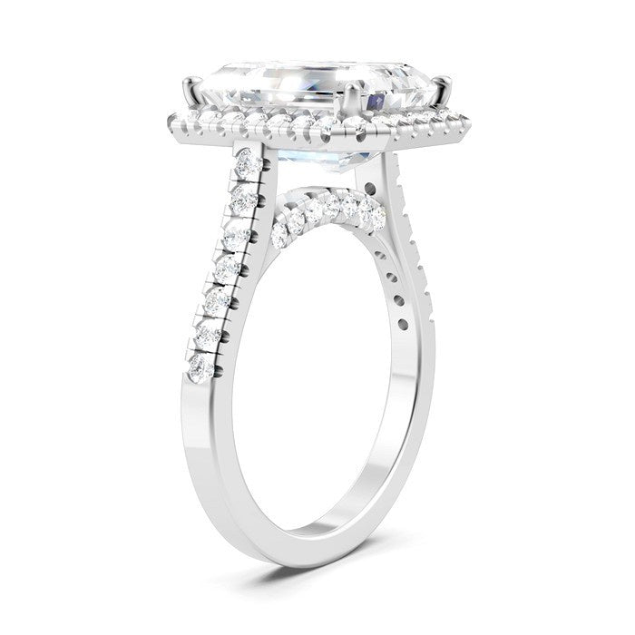 3/4 Ctw Emerald Shape Round Cut Diamond Halo Semi-Mount Engagement Ring in 14K White Gold