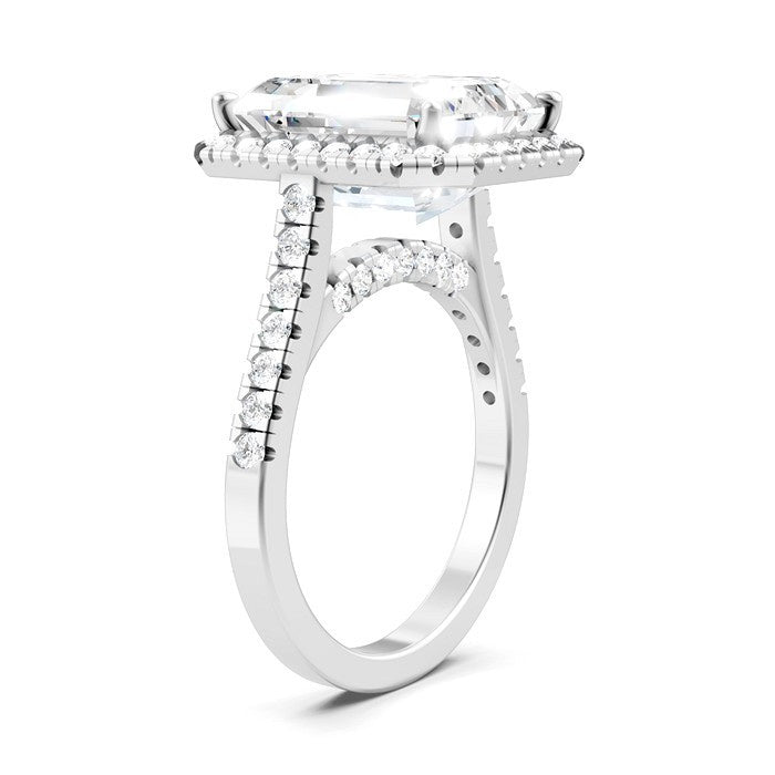 3/4 Ctw Emerald Shape Round Cut Diamond Halo Semi-Mount Engagement Ring in 14K White Gold