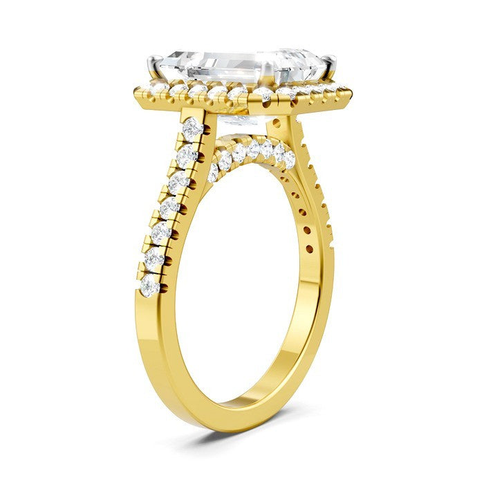 3/4 Ctw Emerald Shape Round Cut Diamond Halo Semi-Mount Engagement Ring in 14K Yellow Gold
