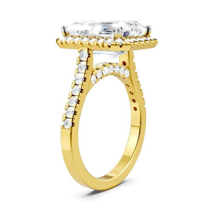 3/4 Ctw Emerald Shape Round Cut Diamond Halo Semi-Mount Engagement Ring in 14K Yellow Gold