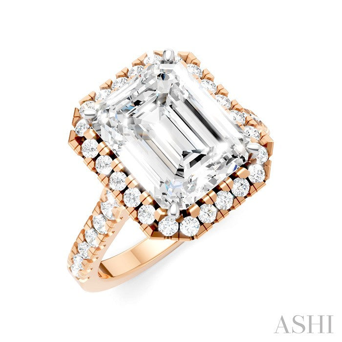 3/4 Ctw Emerald Shape Round Cut Diamond Halo Semi-Mount Engagement Ring in 14K Rose Gold
