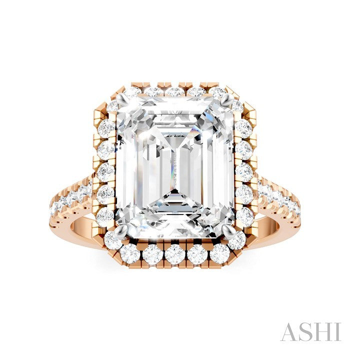 3/4 Ctw Emerald Shape Round Cut Diamond Halo Semi-Mount Engagement Ring in 14K Rose Gold