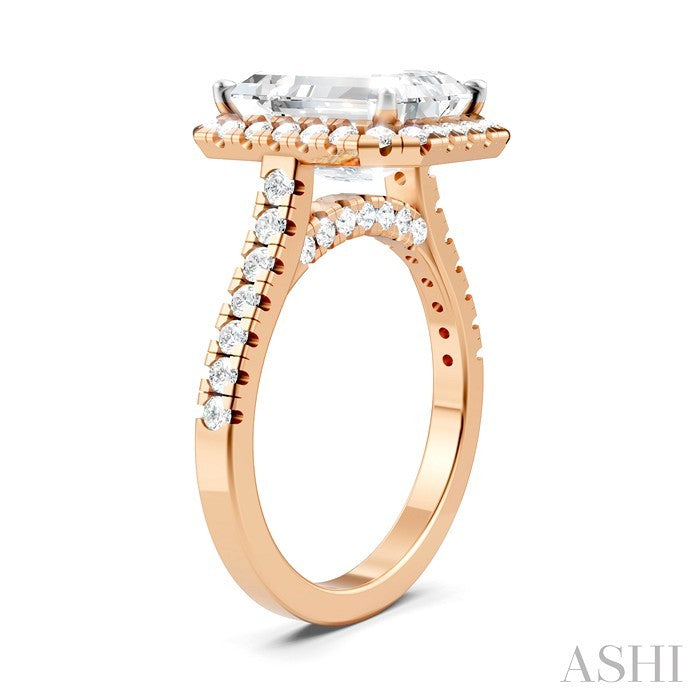 3/4 Ctw Emerald Shape Round Cut Diamond Halo Semi-Mount Engagement Ring in 14K Rose Gold