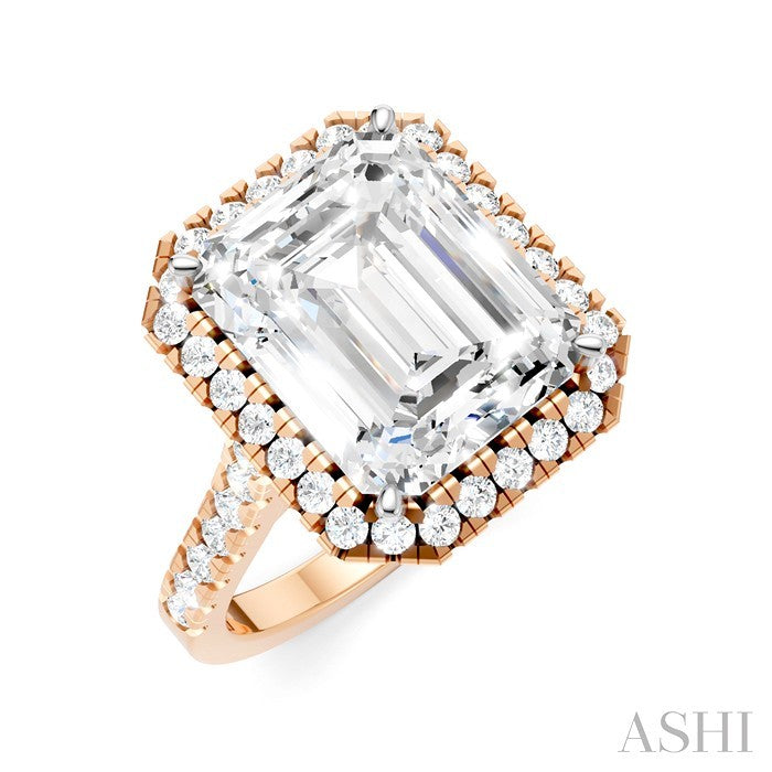 3/4 Ctw Emerald Shape Round Cut Diamond Halo Semi-Mount Engagement Ring in 14K Rose Gold