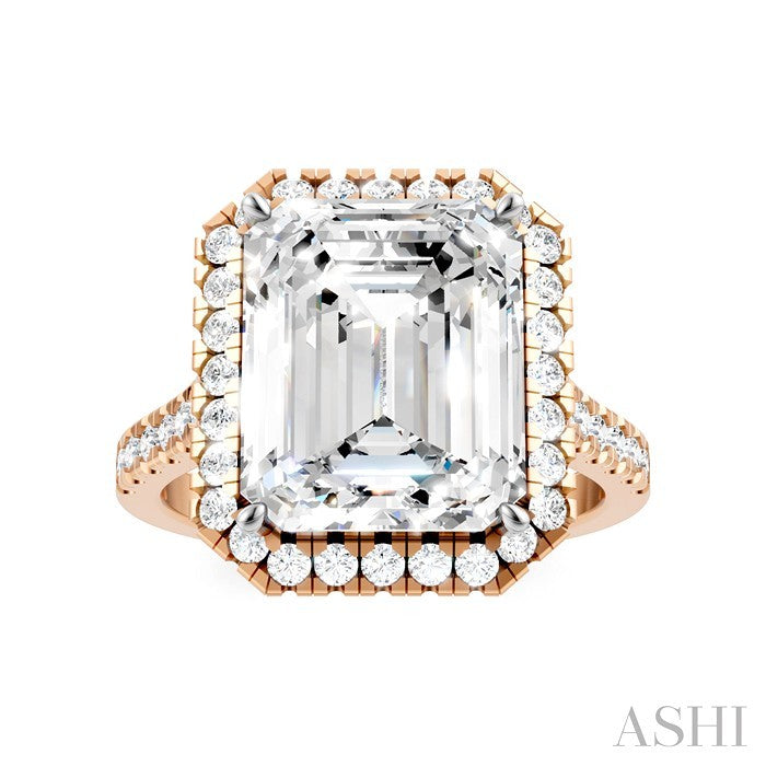 3/4 Ctw Emerald Shape Round Cut Diamond Halo Semi-Mount Engagement Ring in 14K Rose Gold