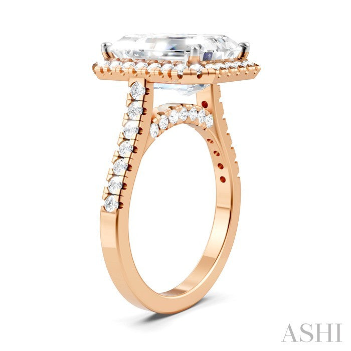 3/4 Ctw Emerald Shape Round Cut Diamond Halo Semi-Mount Engagement Ring in 14K Rose Gold
