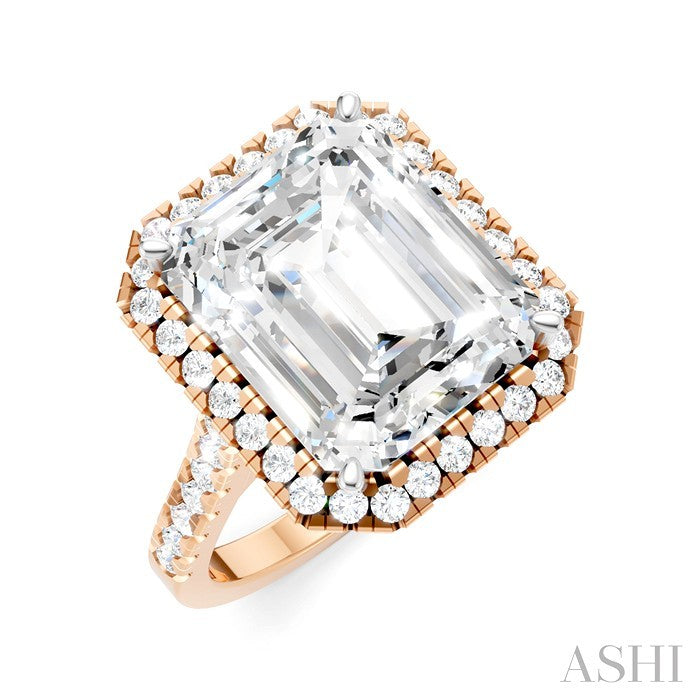 3/4 Ctw Emerald Shape Round Cut Diamond Halo Semi-Mount Engagement Ring in 14K Rose Gold