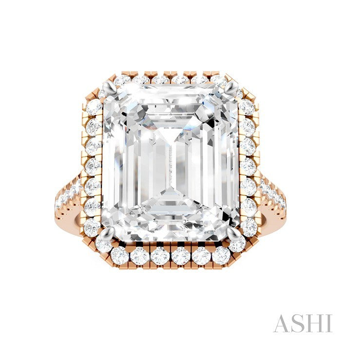 3/4 Ctw Emerald Shape Round Cut Diamond Halo Semi-Mount Engagement Ring in 14K Rose Gold
